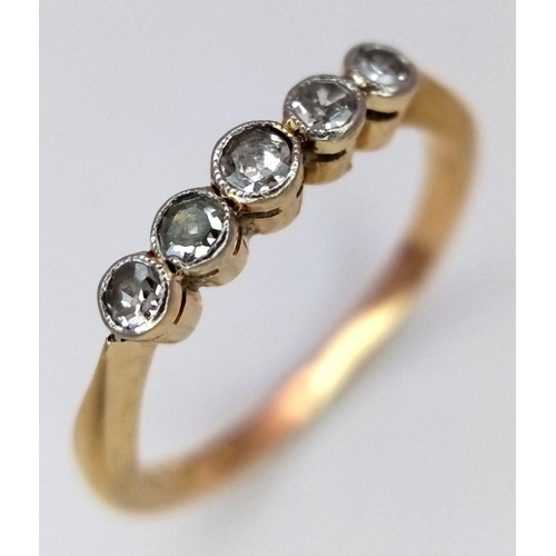 328 - AN 18K YELLOW GOLD AND PLATINUM VINTAGE DIAMOND 5 STONE RING. 1.9G. SIZE L. SC 5055.