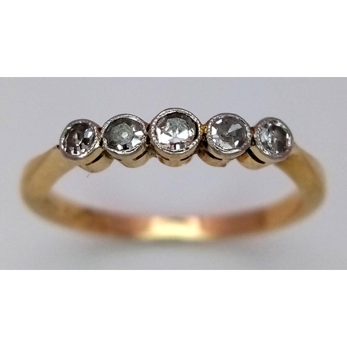 328 - AN 18K YELLOW GOLD AND PLATINUM VINTAGE DIAMOND 5 STONE RING. 1.9G. SIZE L. SC 5055.