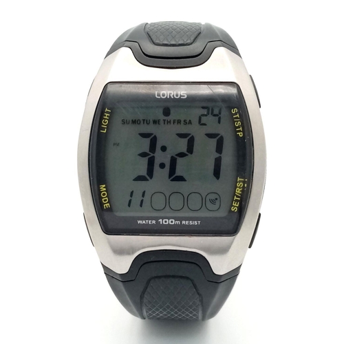 472 - A Lorus R23 Series Digital Watch. Black rubber strap. Case - 40mm. Quartz movement. In working order... 