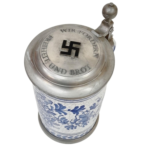 601 - 3rd Reich Bavarian Lidded Stein. “We Demand Freedom and Bread”