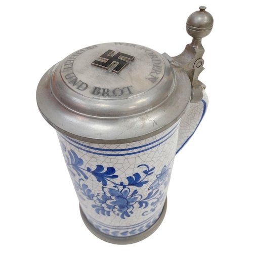 601 - 3rd Reich Bavarian Lidded Stein. “We Demand Freedom and Bread”