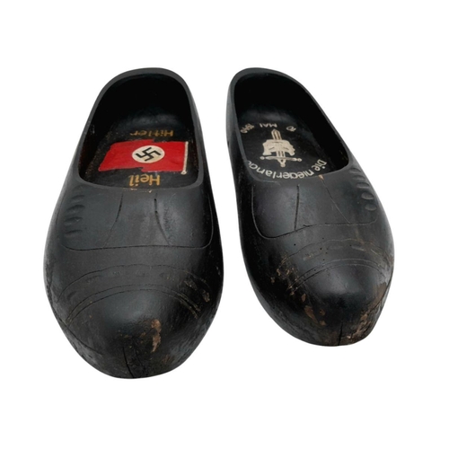 692 - A WW2 German Trench Art. A pair of Dutch Souvenir Clogs, dedicated to the Invasion of Holland by the... 