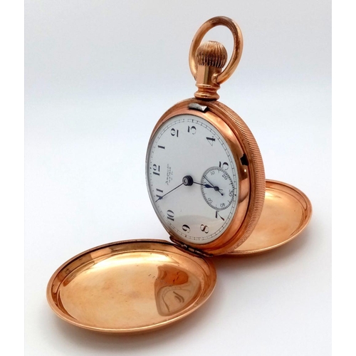 757 - An Antique Gold Plated American Waltham and Co. Full Hunter Pocket Watch. Case - 54mm. White dial wi... 