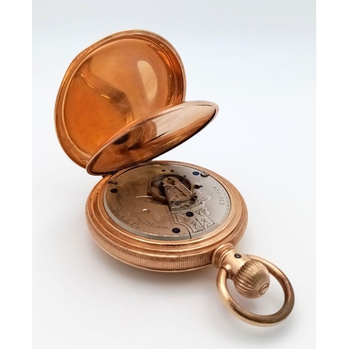 757 - An Antique Gold Plated American Waltham and Co. Full Hunter Pocket Watch. Case - 54mm. White dial wi... 