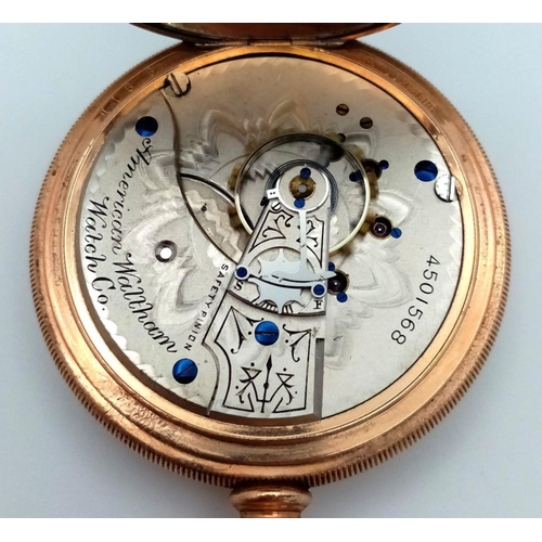 757 - An Antique Gold Plated American Waltham and Co. Full Hunter Pocket Watch. Case - 54mm. White dial wi... 