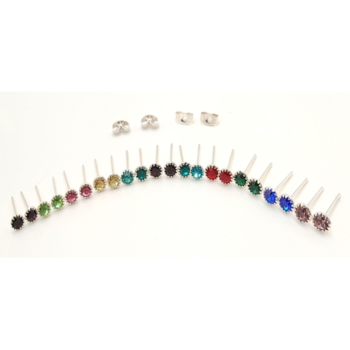 1099 - 11 PAIRS OF STERLING SILVER STONE SET STUD EARRINGS - 11 DIFFERENT COLOURS WITH 2 PAIRS OF SILVER BU... 