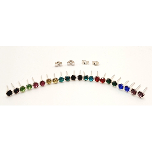 1099 - 11 PAIRS OF STERLING SILVER STONE SET STUD EARRINGS - 11 DIFFERENT COLOURS WITH 2 PAIRS OF SILVER BU... 