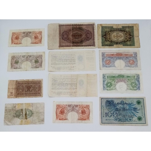 1292 - A Collection of Vintage and Antique Notes: 4 x 10 shillings, 2 x 1 pound, 4 x German notes PLUS 2 Br... 