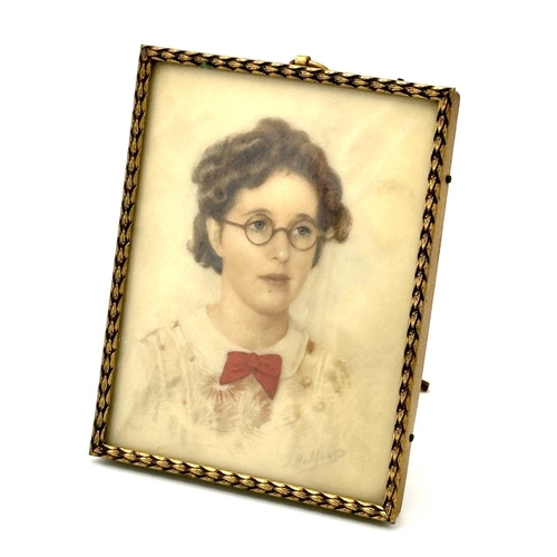 1320 - An Antique Hand Painted Portrait of a Spectacled Lady. In gilded frame - 9cm x 7cm.