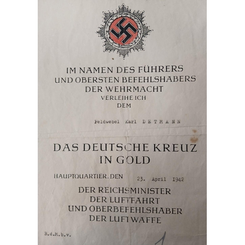 1071 - A Re-enactors 3rd Reich Das Deutesch Kruez in Gold Certificate, (German Cross in Gold) Circa about 1... 