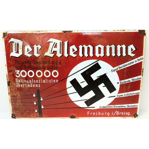 159 - A 3rd Reich Enamel Sign “Der Alemanne” a daily newspaper published by the National Socialists in the... 