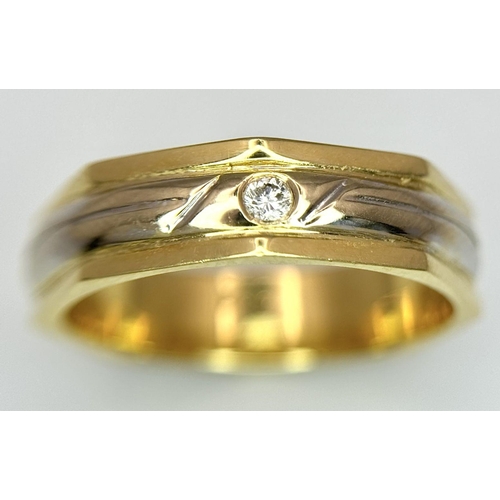 249 - An 18K Yellow and White Gold Octagonal Band Ring with a solitary 0.10ct round cut diamond. Size P 1/... 