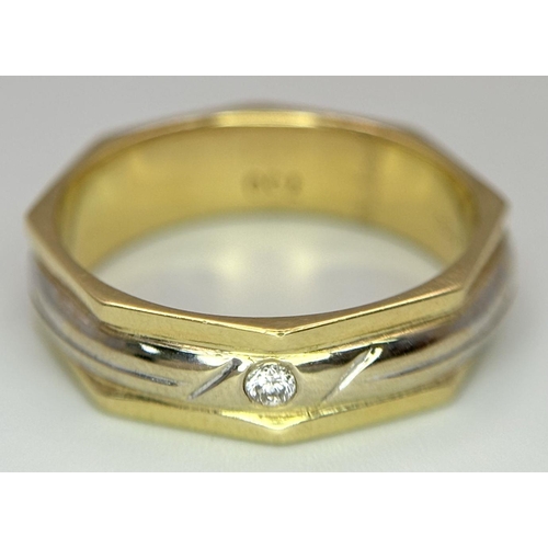 249 - An 18K Yellow and White Gold Octagonal Band Ring with a solitary 0.10ct round cut diamond. Size P 1/... 