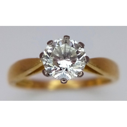 492 - An 18K Yellow Gold, Diamond Solitaire Ring. 1ct brilliant round cut diamond - SI1. Size N 1/2. 3.7g ... 