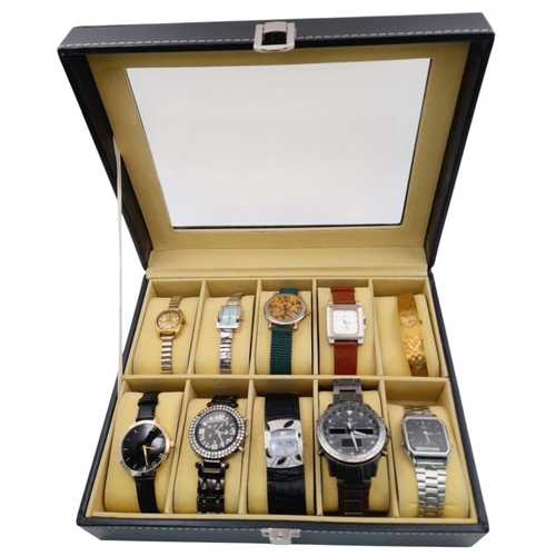 543 - A Ten Watch Display Box Containing Ten Men’s and Ladies Watches, Comprising; 1) A Swiss 21 Jewel Gol... 