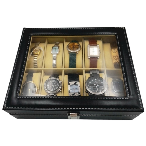 543 - A Ten Watch Display Box Containing Ten Men’s and Ladies Watches, Comprising; 1) A Swiss 21 Jewel Gol... 