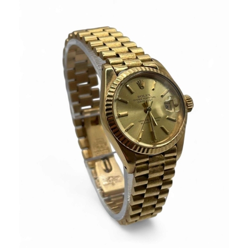 57 - 18k Yellow Gold Rolex Datejust watch 26mm case, Champagne Baton Dial on a Presidential Strap 1980. F... 