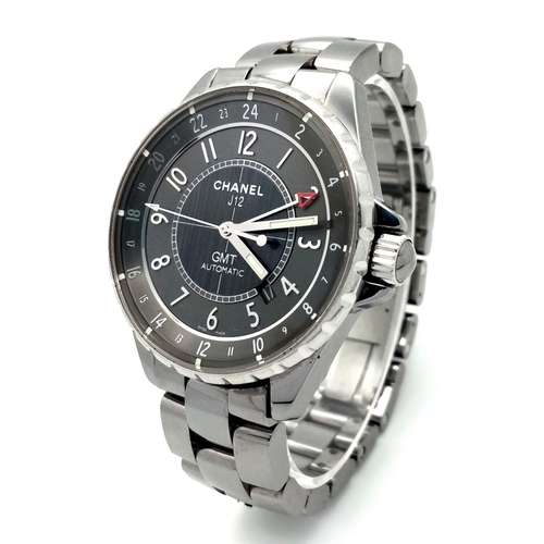 65 - A Chanel J12 GMT Gents Automatic Watch. Stainless steel bracelet and case - 41mm. Two tone grey meta... 