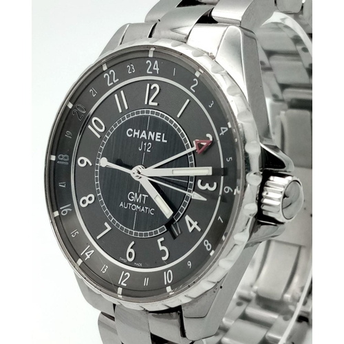 65 - A Chanel J12 GMT Gents Automatic Watch. Stainless steel bracelet and case - 41mm. Two tone grey meta... 