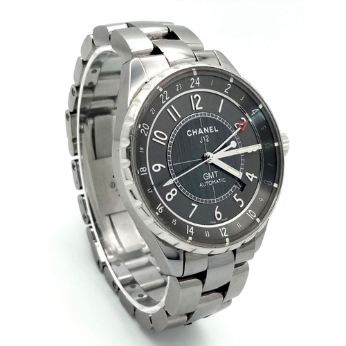 65 - A Chanel J12 GMT Gents Automatic Watch. Stainless steel bracelet and case - 41mm. Two tone grey meta... 