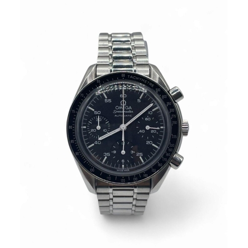 71 - Stainless Steel Omega Speedmaster watch 39mm case, Black Dial on a Stainless Bracelet , 1990. Full w... 