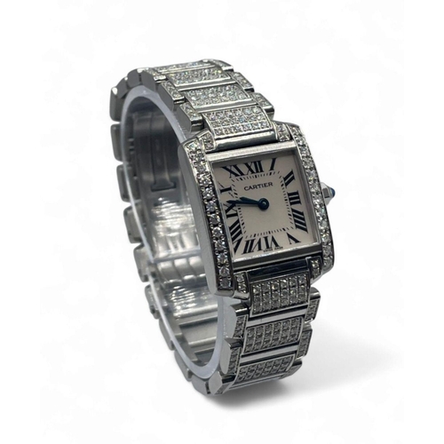 92 - Stainless Steel Cartier Ladies Tank watch, full Diamond Afterset on bezel and bracelet, 24mm case an... 