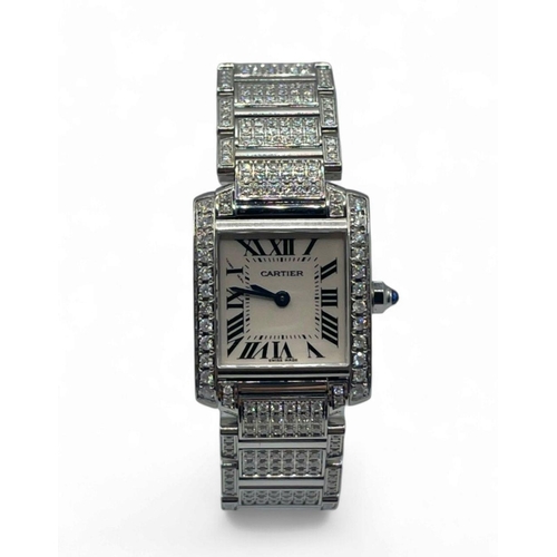 92 - Stainless Steel Cartier Ladies Tank watch, full Diamond Afterset on bezel and bracelet, 24mm case an... 