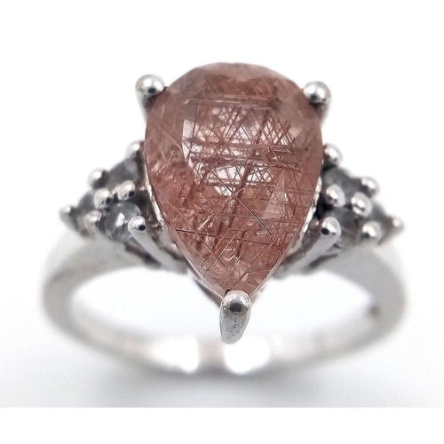 1048 - A Sterling Silver Pear Cut Rutilated Quartz and White Sapphire Set Ring Size N. The Ring Measures 1.... 