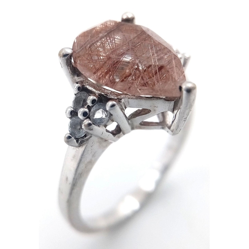 1048 - A Sterling Silver Pear Cut Rutilated Quartz and White Sapphire Set Ring Size N. The Ring Measures 1.... 