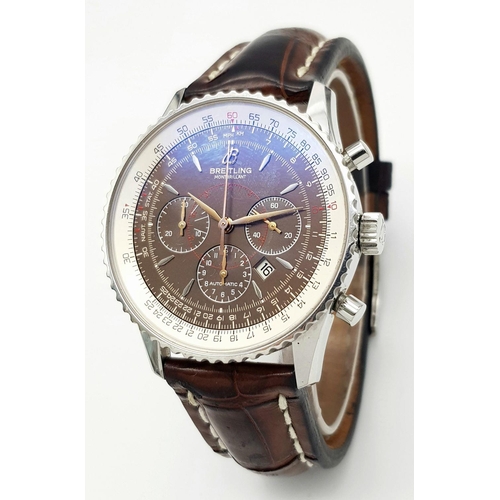 17 - A Breitling Montbrilliant Automatic Chronograph Gents Watch. Brown leather strap. Stainless steel ca... 