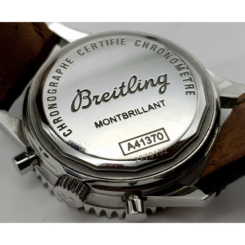 17 - A Breitling Montbrilliant Automatic Chronograph Gents Watch. Brown leather strap. Stainless steel ca... 