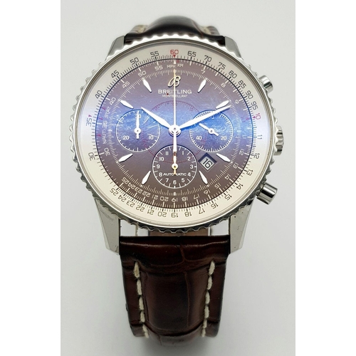 17 - A Breitling Montbrilliant Automatic Chronograph Gents Watch. Brown leather strap. Stainless steel ca... 