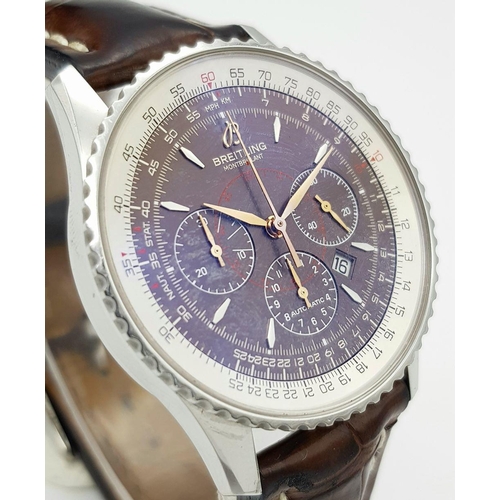 17 - A Breitling Montbrilliant Automatic Chronograph Gents Watch. Brown leather strap. Stainless steel ca... 