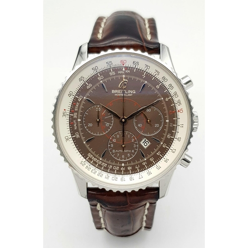 17 - A Breitling Montbrilliant Automatic Chronograph Gents Watch. Brown leather strap. Stainless steel ca... 