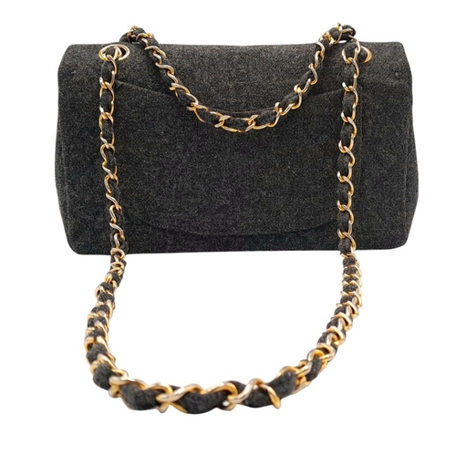 18 - A Chanel Grey Wool Small Double Flap Bag. Grey wool exterior with gold-toned hardware, featuring cha... 