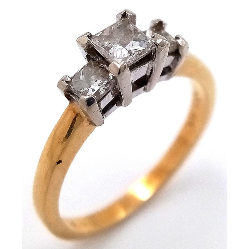 26 - AN 18K YELLOW GOLD 3 STONE DIAMOND RING. PRINCESS CUTS 0.60CT DIAMONDS APPROX, 3.7G SIZE N. Ref: GW ... 