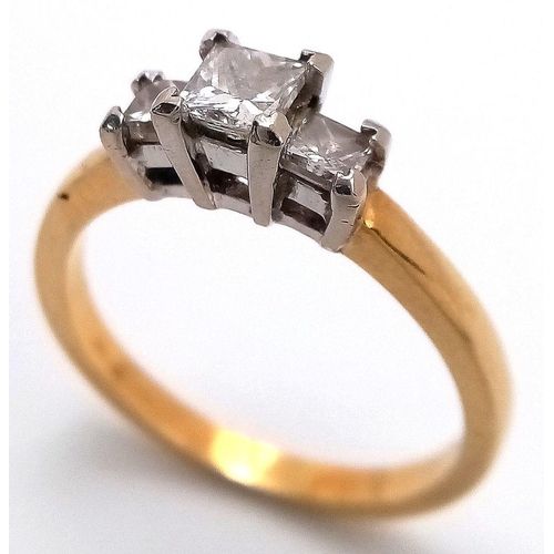 26 - AN 18K YELLOW GOLD 3 STONE DIAMOND RING. PRINCESS CUTS 0.60CT DIAMONDS APPROX, 3.7G SIZE N. Ref: GW ... 