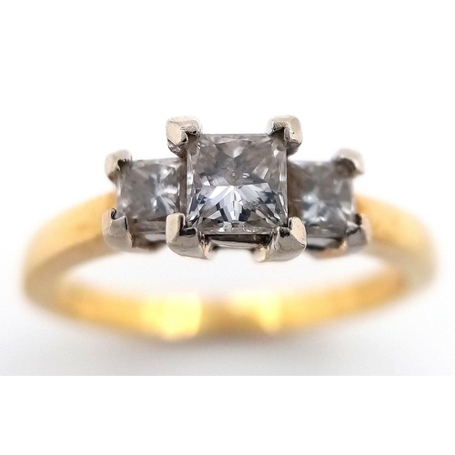 26 - AN 18K YELLOW GOLD 3 STONE DIAMOND RING. PRINCESS CUTS 0.60CT DIAMONDS APPROX, 3.7G SIZE N. Ref: GW ... 