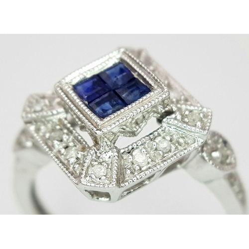 408 - A 9K WG DIAMOND & SAPPHIRE ART DECO DESIGN RING 2.5G SIZE L. Ref: PAD 5001