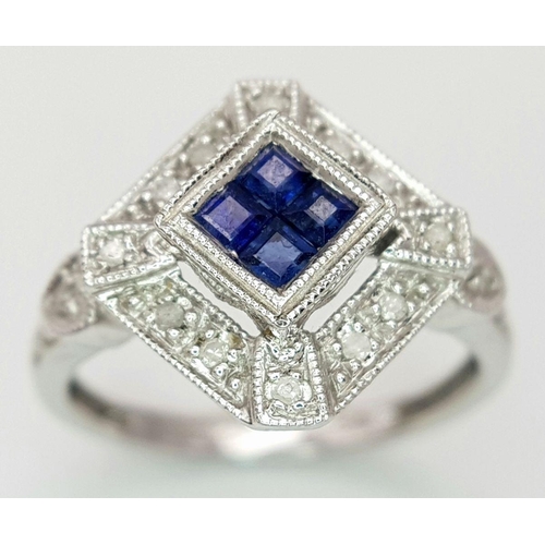 408 - A 9K WG DIAMOND & SAPPHIRE ART DECO DESIGN RING 2.5G SIZE L. Ref: PAD 5001