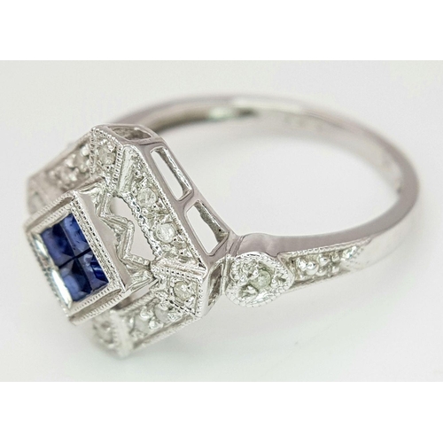 408 - A 9K WG DIAMOND & SAPPHIRE ART DECO DESIGN RING 2.5G SIZE L. Ref: PAD 5001