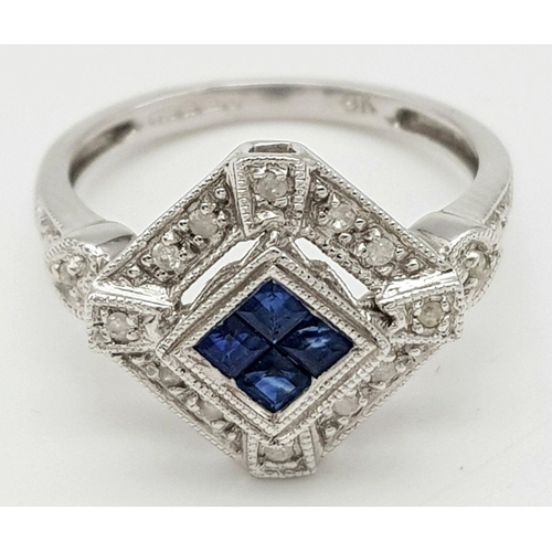 408 - A 9K WG DIAMOND & SAPPHIRE ART DECO DESIGN RING 2.5G SIZE L. Ref: PAD 5001