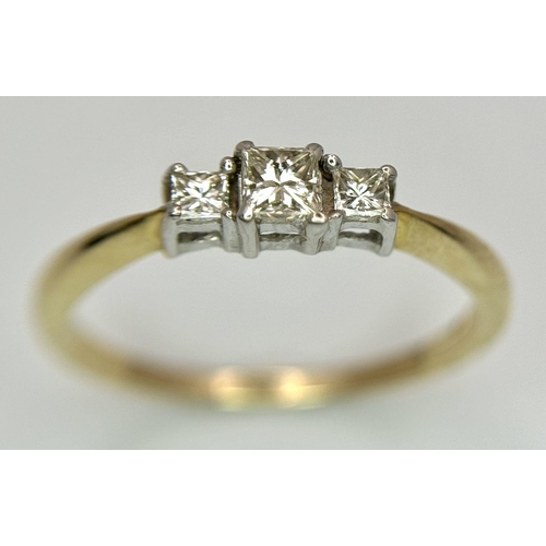 508 - A 9K yellow gold diamond trilogy ring, 0.36ct diamond weight, 1.5g total weight, size N. Ref SH7398H