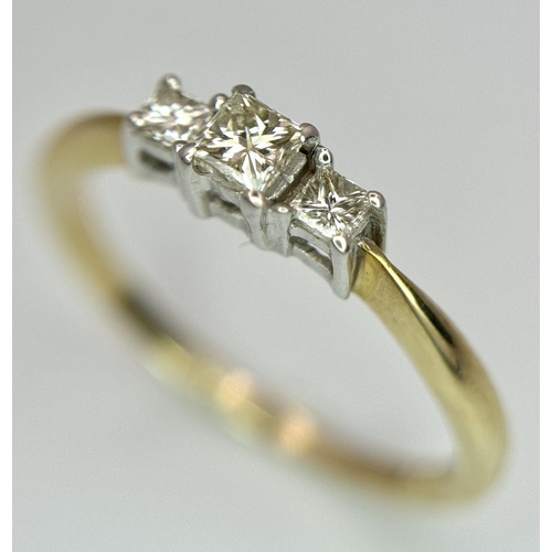 508 - A 9K yellow gold diamond trilogy ring, 0.36ct diamond weight, 1.5g total weight, size N. Ref SH7398H