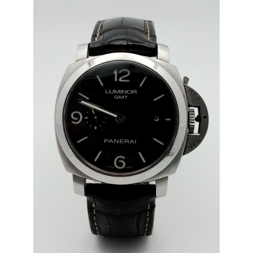 58 - A Panerai Luminor GMT Automatic Gents Watch. Black leather strap. Stainless steel case - 52mm includ... 