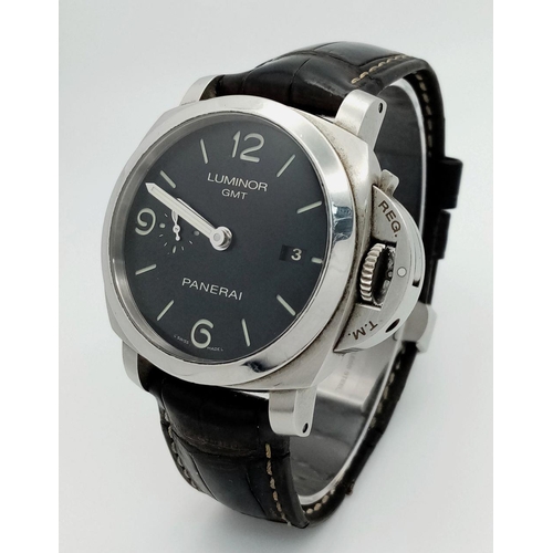 58 - A Panerai Luminor GMT Automatic Gents Watch. Black leather strap. Stainless steel case - 52mm includ... 