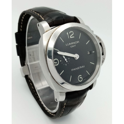 58 - A Panerai Luminor GMT Automatic Gents Watch. Black leather strap. Stainless steel case - 52mm includ... 