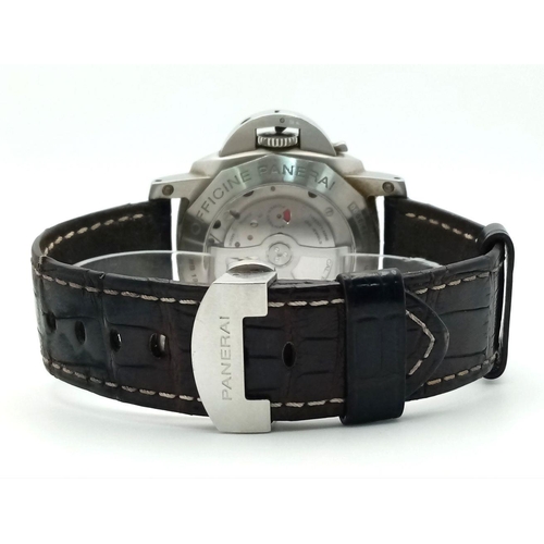 58 - A Panerai Luminor GMT Automatic Gents Watch. Black leather strap. Stainless steel case - 52mm includ... 