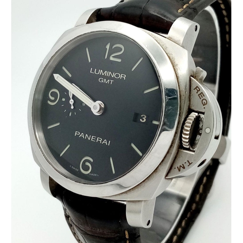 58 - A Panerai Luminor GMT Automatic Gents Watch. Black leather strap. Stainless steel case - 52mm includ... 