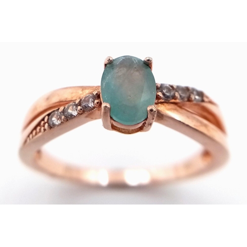 970 - An Unworn Rose Gold Gilt Sterling Silver Aquamarine and White Sapphire Ring Size S1/2. The Ring is s... 